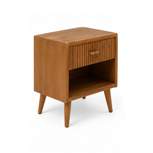 Table de chevet moderne en bois avec tiroir cannelé et étagère ouverte, table de nuit en bois massif pour chambre d'hôtel, appartement, mobilier - Product Image 3