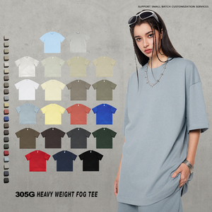 Spring-Summer 305G Heavyweight Cotton Custom T-shirts & Shorts Sets - High Street Fashion Solid Color Loose Fit Short Sleeve - Product Image 2