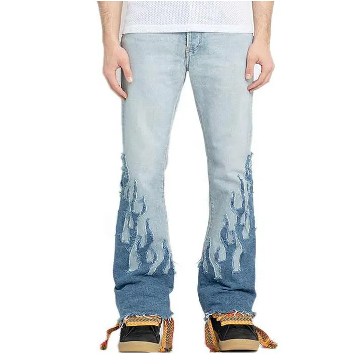 Custom Logo Jeans Plus Size Men's Ripped Denim Slim Baggy Stacked Trousers Skinny Flare Jeans Pants For Men