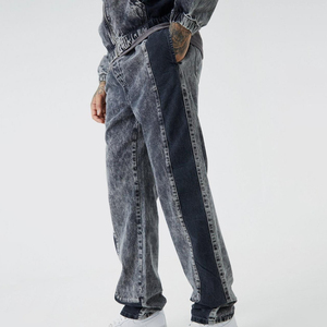 Jeans Cargo de Carpintero Rígidos, Azul Medio, Tallas Grandes, Corte Recto, con Bolsillos y Dobladillo Dividido, Servicio OEM, Venta al Por Mayor - Product Image 1