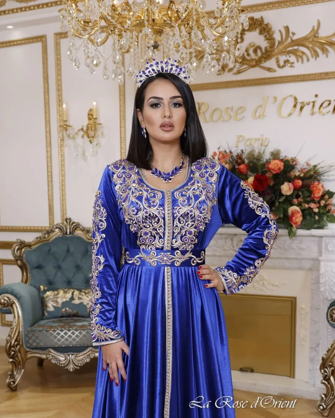 Mavi kadife Eid ramazan el işi fas Kaftan Kaftan elbise parti düğün geleneksel fas giyim