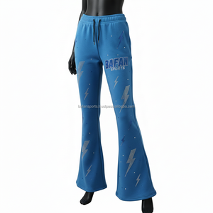 Pantalones Acampanados de Mujer de Alta Calidad, Mezcla de Algodón y Felpa, 300 GSM, Acabado Liso, Color Azul, Logotipo Serigrafiado - Product Image 1