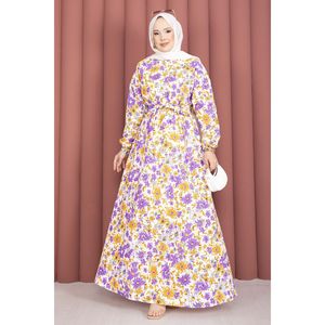 Vestido con Cinturón y Estampado Floral Color Ciruela, Cintura Natural, Transpirable, Elegante, Estilo Casual para Oficina, Largo hasta la Rodilla, para Club - Product Image 4
