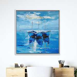 Impresión en lienzo de paisaje marino con barcos azules: arte náutico costero para pared, lienzo con marco blanco - Product Image 1