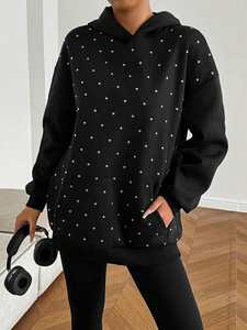 Custom Women's <b>Hoodies</b> Vintage Short Sleeve Heavyweight Cotton Fleece Oversized Pullover Rhinestone Embellishments Sweatshirts - Product Image 5