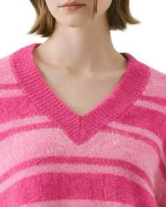 Customized Pink Striped <b>Women</b> V Neck Knit Sweater Soft Fuzzy Fabric Long Sleeve <b>Cropped</b> Winter Casual Pullover Fashion Top - Product Image 5
