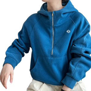 Sweat à capuche unisexe à demi-zip, coupe décontractée, col montant, poche kangourou, couleur unie, production de vêtements à marque privée - Product Image 1