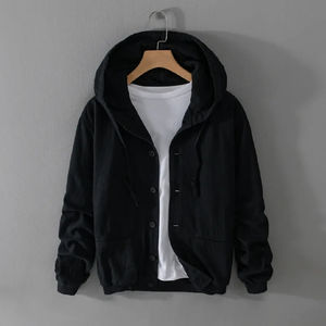 <b>Men's</b> Thin Canvas Linen Light Luxury <b>Casual</b> Hooded Varsity <b>Jacket</b> with Single Button Closure Pure Color Front Logo for Spring - Product Image 3