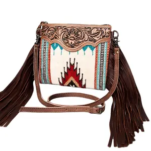 Wool saddle blanket Small shoulder bag made of worked leather cowhide patch on top with cow suede fringe matching handle Design