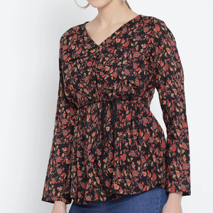 YASH GALLERY - Blusa Informal de Algodón para Mujer, Estampado Floral, Estilo Fruncido, Largo hasta el Tobillo, Decoración con Estampado, Color Negro, Conjunto de Una Pieza, Transpirable - Product Image 1