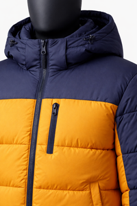 Men’s Color Block Hooded <b>Puffer</b> <b>Jacket</b> Navy <b>Yellow</b> Quilted Winter <b>Jacket</b> Custom OEM ODM Wholesale Manufacturer - Product Image 3