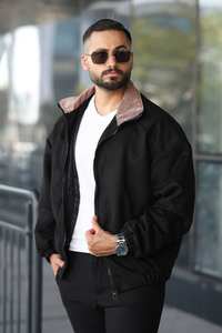 <b>Men's</b> Winter Khaki Zip-Up Long Sleeve Casual Outerwear <b>Corduroy</b> Collar Streetwear <b>Jacket</b> with Button Decoration Warm Fabric - Product Image 2