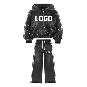 Conjunto de chándal acampanado con diamantes de imitación Sudadera con capucha desgastada y pantalones de chándal de pierna ancha Traje de calle con logotipo personalizado - Product Image 4
