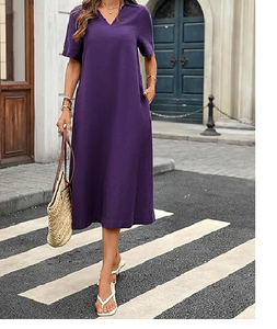 ชุดเดรสยาวคลุมเข่าคอวีมีกระเป๋าแขนสั้นทรงหลวมมีปกเสื้อใส่สบายสำหรับใส่ในชีวิตประจำวัน - Product Image 5