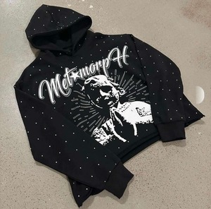 Sweat à capuche vintage délavé sur mesure pour homme, en molleton de coton épais, coupe régulière, respirant et écologique, avec strass - Product Image 3