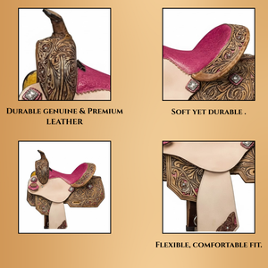 Silla de Montar de Cuero Occidental con Flores Talladas a Mano para Carreras de Barriles |   Silla de Montar Premium para Caballos, para Velocidad y Estilo - Product Image 4