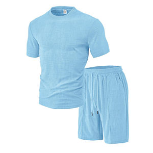 Vente en gros de t-shirt à rayures 100% coton 250 g/m² personnalisé ensemble short et t-shirt ample surdimensionné grande taille vêtements d'été décontractés pour hommes - Product Image 1