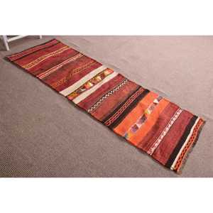 Turkish Vintage Rug, 2.3x7 ft Kilim Rug, <b>Red</b> Orange Bordered <b>Wool</b> Rug - Product Image 3