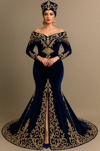 2025 @ Vestido de caftán azul marino con estilo tradicional argelino adornado con cuentas de cristal, piedra, perla, trabajo Dabka - Product Image 2