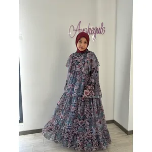 Robe élégante en mousseline de soie coupe trapèze avec imprimé floral, manches à volants et col mandarin - Product Image 3