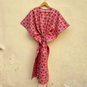 Túnica Kfatan de Algodón Hecha a Mano en India, Estampado Floral, Cuello en V, Informal, para Vacaciones en la Playa, Regalo Perfecto para Ella, Primavera, Verano, Otoño - Product Image 1