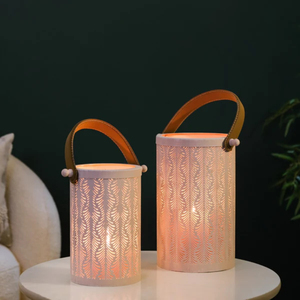 Set of Two <b>White</b> Metal Lanterns with Cutwork Design and Leather Handles Decorative Candle Holders for Home Decor Lighting - Product Image 2