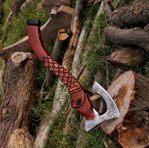 Hacha de Acero con Alto Contenido de Carbono Premium Hecha a Mano al por Mayor con Mango de Madera Tallado a Mano, Hacha Vikinga OEM con Empuñadura de Cuero y Funda - Product Image 3