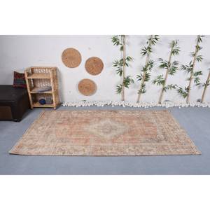 Alfombra turca vintage de área grande, diseño de retazos rectangulares de 4,4X8,3 pies, patrón abstracto, látex de lana naranja y Beige para uso en el pasillo - Product Image 1