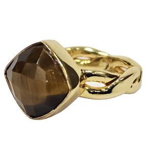 925 Sterling Silver Handmade Designer Vintage Ring Unique Coussin Naturel Coupe Oeil de Tigre Gemme Plaqué Or IGI Mariages - Product Image 1