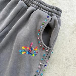Custom Rhinestone Sun Faded Street wear 100% Cotton <b>Zip</b> Up Sweat Suit <b>Hoodie</b> and Track Sweatpants Tracksuit Set <b>Men</b> 2025 - Product Image 3