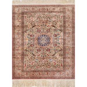 Alfombra de Seda Anudada a Mano Gulmarg Pae-5235, Diseño de Medallón Verde y Patrón Rectangular para el Hogar, para Dormitorio y Sala de Estar - Product Image 1