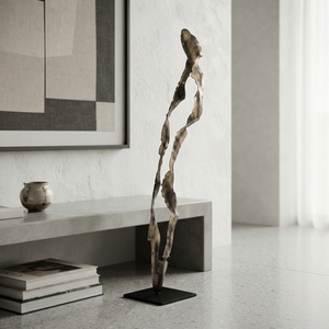 Handcrafted <b>wooden</b> liyuk stand sculpture <b>rustic</b> teak carved abstract winding human figure statue metal base accent decor units - Product Image 5