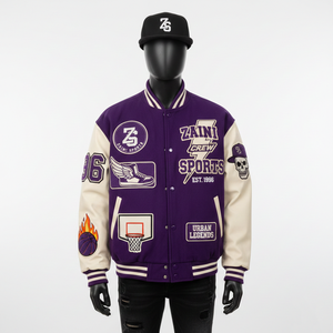 Veste universitaire en laine de haute qualité, couleur crème et violette, manches à blocs de couleur, logo brodé en chenille personnalisé, veste universitaire pour hommes - Product Image 1