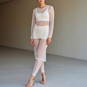 Conjunto de dos piezas de malla transparente para mujer, camisa y mallas transparentes, conjuntos de dos piezas de malla transparente para fiesta y club nocturno para mujer - Product Image 1