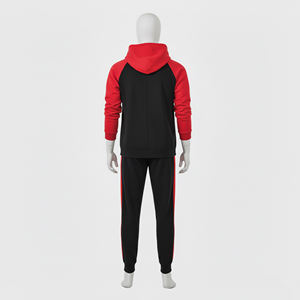 Mens Black And Red Raglan Colorblock Heavyweight Tracksuit <b>Set</b> With Drawstring Hoodie And <b>Matching</b> Side-Stripe <b>Joggers</b> Casual - Product Image 3
