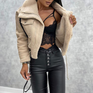 Chaqueta de Moto para Mujer, Negra, Forrada con Piel de Oveja, de Secado Rápido, con Cierre de Cremallera, Cuello Alto, Manga Larga, Estilo Invernal - Product Image 5
