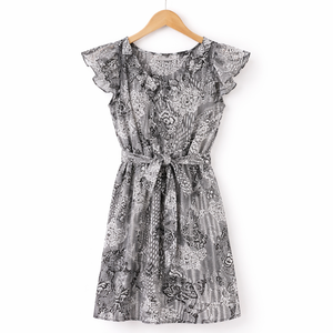 Casual volants attente cravate imprimé robe courte pour les filles en mousseline de soie imprimé ample robe à manches volants pour les filles - Product Image 1