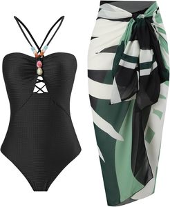 Maillot de bain une pièce pour femmes avec sarong 2025 Trendy Halter Lace Up Swimwear Color lock Coverup Vocation Outfit - Product Image 1