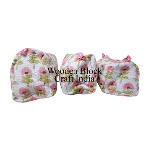 New Stylish 3 Piece white floral print <b>Quilted</b> Fabric Toiletry 3 Pouch Set Durable Travel Organizer Cosmetic <b>Bags</b> Cases - Product Image 2