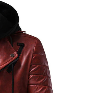 <b>Men's</b> <b>Red</b> PU <b>Leather</b> Hooded Moto <b>Jacket</b> With Zipper Closure And Quilted Design For Autumn Wear - Product Image 2