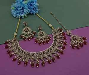 New Design Fancy Gold Plated Traditional Motipearl &<b>Drop</b> Kundan Studded Choker <b>Necklace</b> Earring Mangtika Set&Jewellery Set Woman - Product Image 3