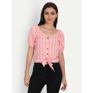 Top de media manga de rayón rosa claro para mujer con estampado de rayas verticales - Product Image 3