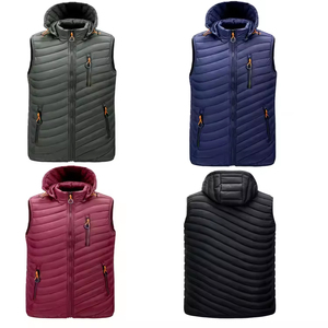 Gilet chaud d'hiver brodé avec logo personnalisé pour hommes, veste en nylon respirante décorée de boutons, capuche sans manches, remplissage de canard et tambour - Product Image 3