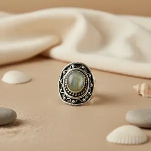 Rose <b>Gold</b> & <b>Gold</b> Plated 925 Silver Statement <b>Ring</b> for Women Vintage Trendy Moonstone Inlay Alloy Jewelry - Product Image 1