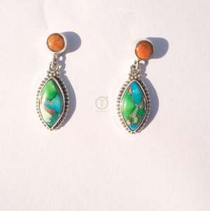 Pendientes de Botón de Turquesa Cobre Naranja Ostra y Turquesa Cobre Azul Verde, Plata de Ley 925, Hechos a Mano por Exportador - Product Image 3