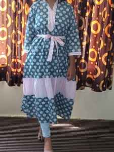 Blue Boho Flora Tiered Floor-Length Sweet Casual V-neck Women's Indian Manufacturer Exporter Cotton Fabric Eco-Friendly <b>Tunic</b> - Product Image 5