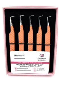 Pince à épiler professionnelle pour extensions de cils en acier inoxydable, finition mate orange, pointe argentée à 90 degrés, antistatique - Product Image 4