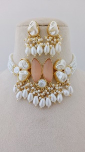 Ensemble de collier ras de cou en perles Aqua Nazaakat Chaîne en bambou plaqué or de haute qualité Mini perle avec pompon en laiton lourd - Product Image 4