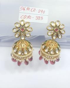 Boucles d'oreilles pendantes Kriaa White Kundan Jhumki plaquées or, bijoux fantaisie pour femmes, vente en gros, export. - Product Image 2