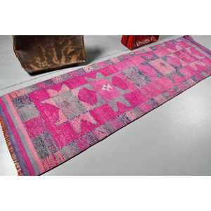 พรมตุรกีขนาด 2.9x10.2 ฟุต, พรมเฮอร์กี, พรมลายตารางสีชมพู ทำจากขนสัตว์ - Product Image 2